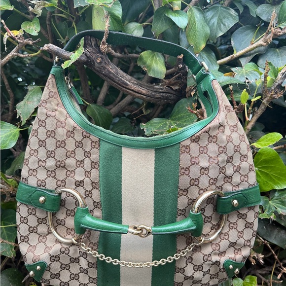 Gucci Handbags - Gucci Beige GG Canvas Shoulder Bag with Green Stripe and Leather Trim